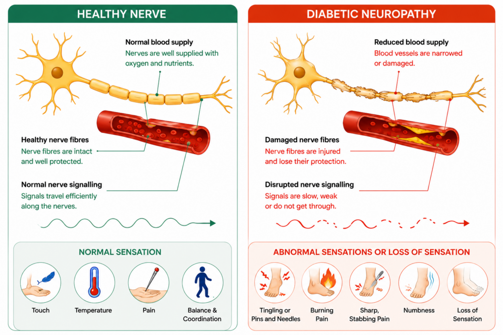 Illustration comparing a healthy nerve with diabetic neuropathy, highlighting reduced blood supply, nerve damage, disrupted nerve signalling and symptoms including tingling, burning pain, numbness and loss of sensation.