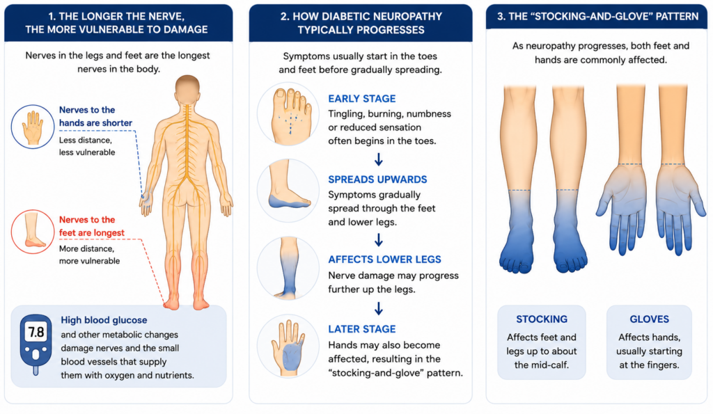 Infographic showing why diabetic neuropathy affects the feet first and how symptoms progress in a stocking-and-glove pattern.